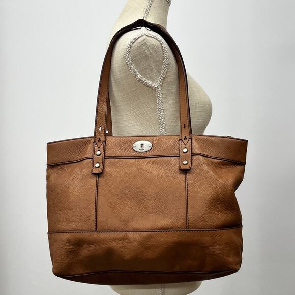 Fossil Long Live Vintage Orange Brown Pebbled Leather Tote Shoulder Bag Purse - Picture 1 of 8